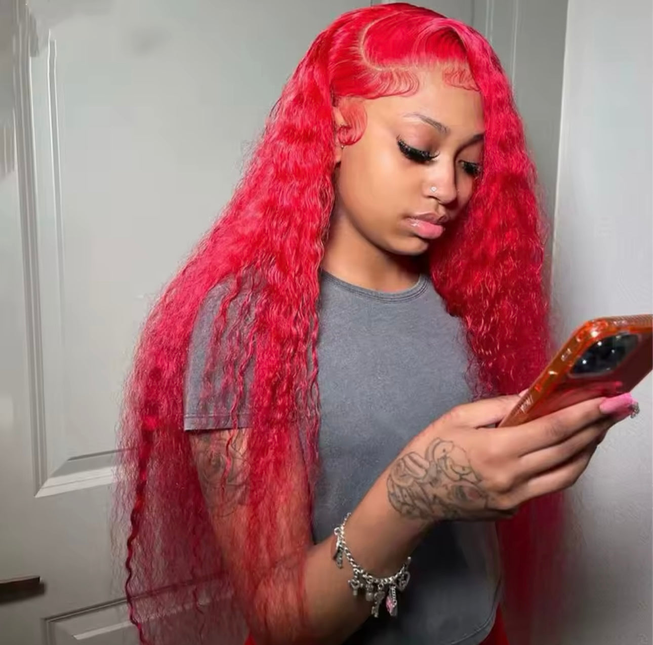 PRE-PLUCKED 16 32-inch 13x4 220 Density HD Red Colored Deep Wave RAW Human Hair