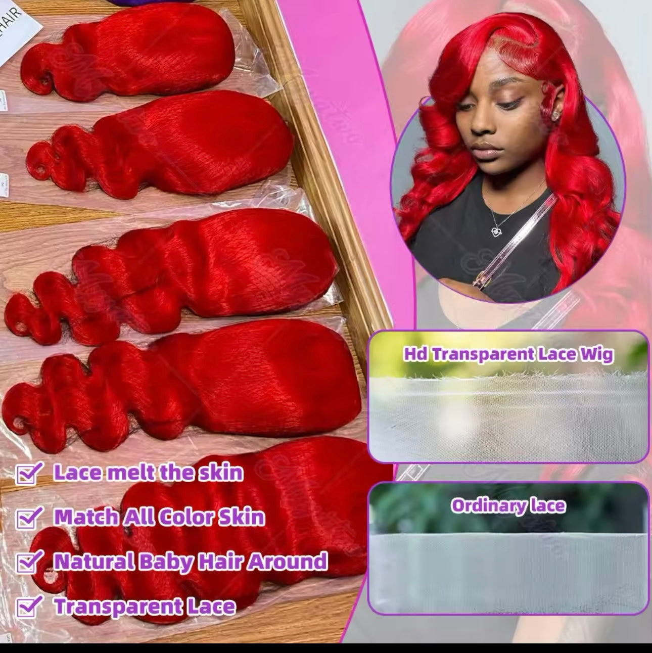 PRE-PLUCKED 16 32-inch 13x4 220 Density HD Red Colored Body Wave RAW Human Hair