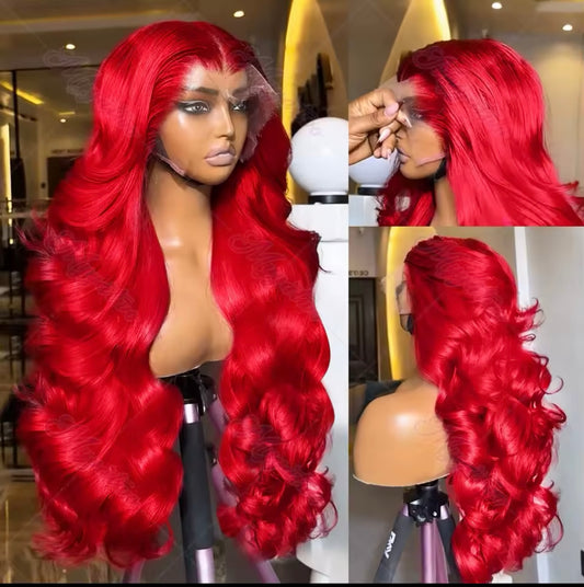 PRE-PLUCKED 16 32-inch 13x4 220 Density HD Red Colored Body Wave RAW Human Hair