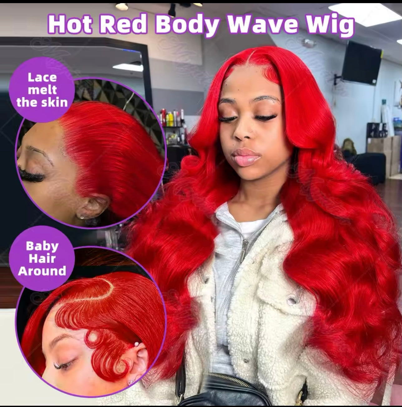 PRE-PLUCKED 16 32-inch 13x4 220 Density HD Red Colored Body Wave RAW Human Hair