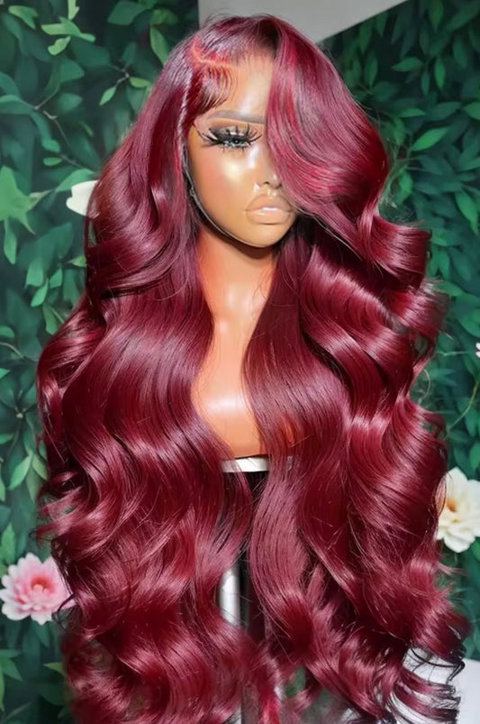 PRE-PLUCKED 16 32-inch 13x4 220 Density HD Burgundy Colored Body Wave RAW Human Hair