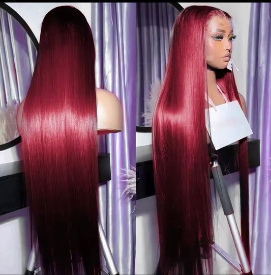 PRE-PLUCKED 16 32-inch 13x4 220 Density HD Burgundy Colored STRAIGHT RAW Human Hair
