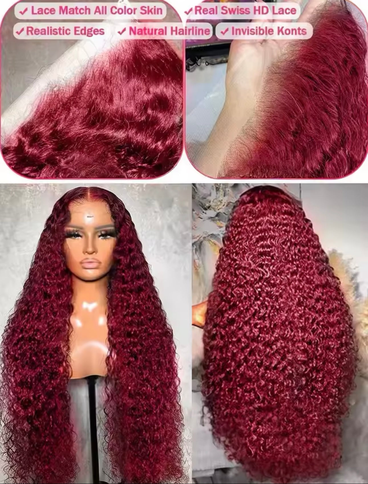 PRE-PLUCKED 16 32-inch 13x4 220 Density HD Burgundy Colored Deep Wave RAW Human Hair